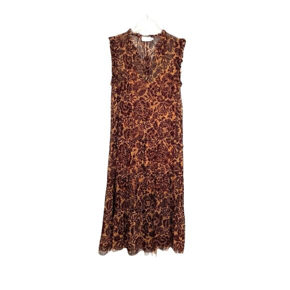 Christy Lynn Ella Silk Midi Dress with Slip Size M Sienna Brown Botanical Fall - Picture 2 of 14